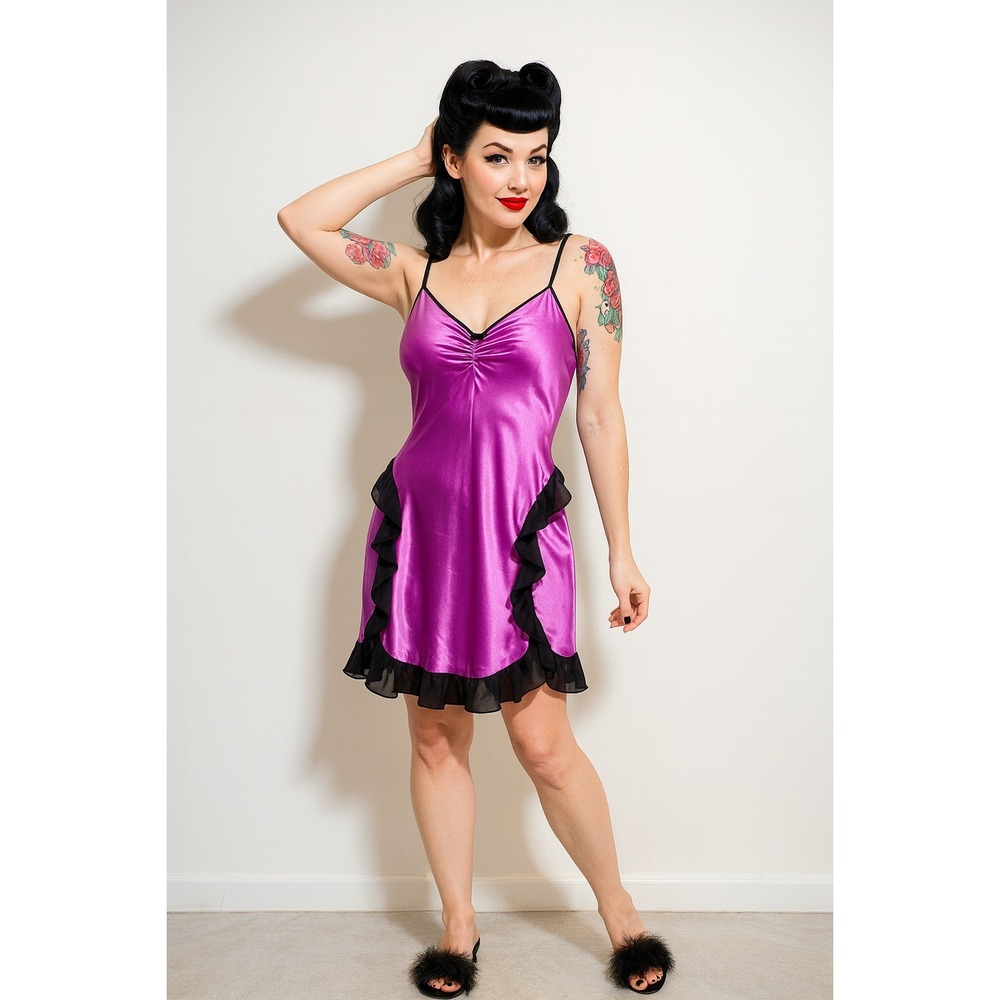 Betsey‎ Johnson Satin Slip Dress Purple Black Trim Chemise Nightgown Lingerie